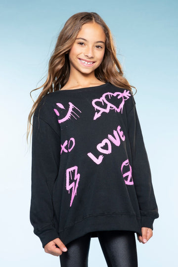 Cotton Soft French Terry Crewneck Sweatshirt - Black Pink Graffiti