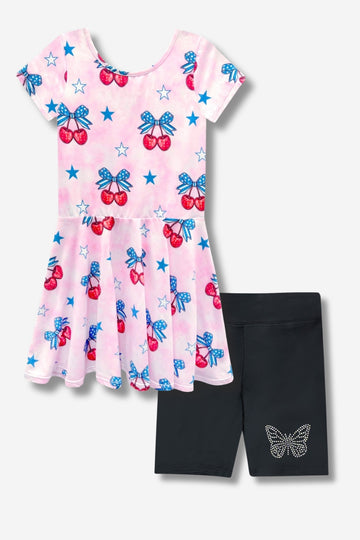 Multipack: Simply Soft Short Sleeve Scoop Back Be Happy Dress & Luxe Biker Short - Pink Tie Dye Cherry Bow | Black Butterfly Rhinestone