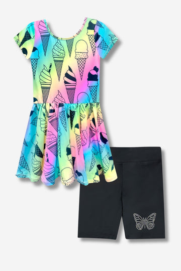 Multipack: Simply Soft Short Sleeve Scoop Back Be Happy Dress & Luxe Biker Short - Rainbow Ice Cream | Black Butterfly Rhinestone