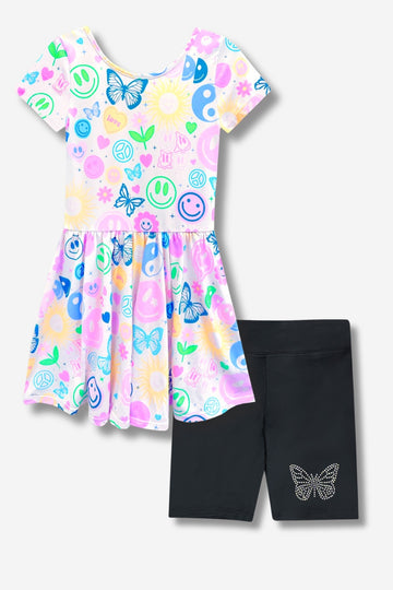 Multipack: Simply Soft Short Sleeve Scoop Back Be Happy Dress & Luxe Biker Short - Rainbow Smile Retro | Black Butterfly Rhinestone