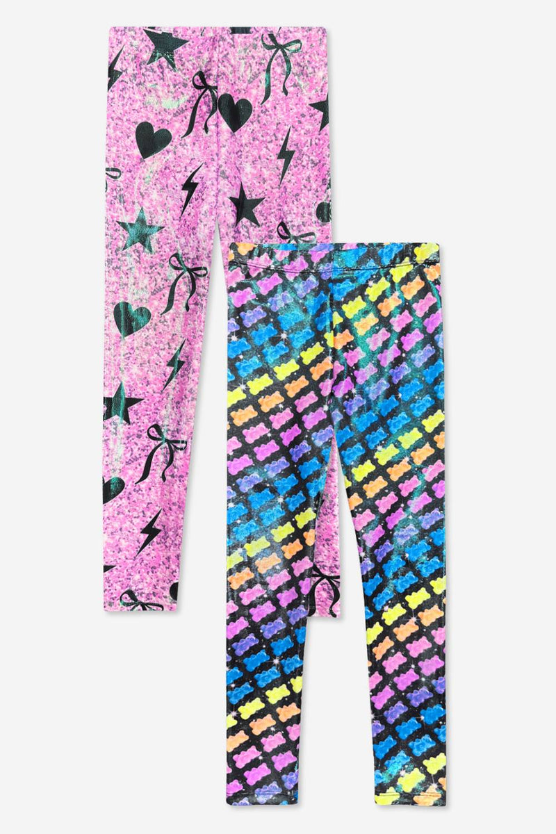 2-Pack Glitter Foil High Shine Legging. - Rose Gold Glitter Elements | Black Sparkle Rainbow Gummy Bear