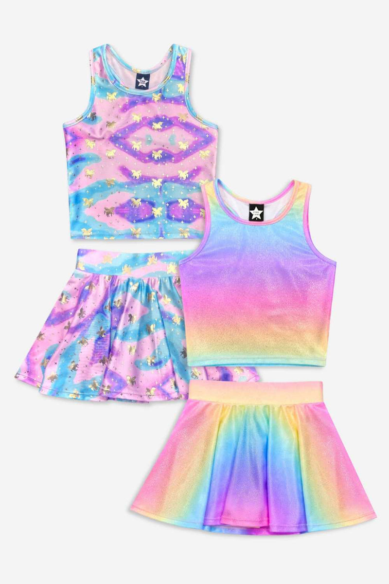 2 Pack High Shine Cropped Racerback Tank & Skort - Rainbow Glitter | Rainbow Gold Unicorn Star - NEW!