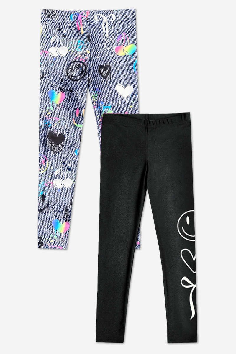2-Pack High Shine Legging - Black White Smile | Charcoal Graffiti Elements - NEW! - Image 1