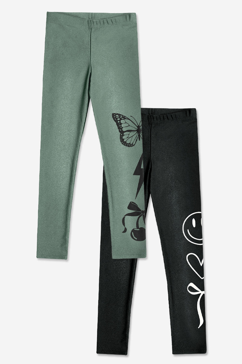2-Pack High Shine Legging - Black White Smile | Olive Black Butterfly