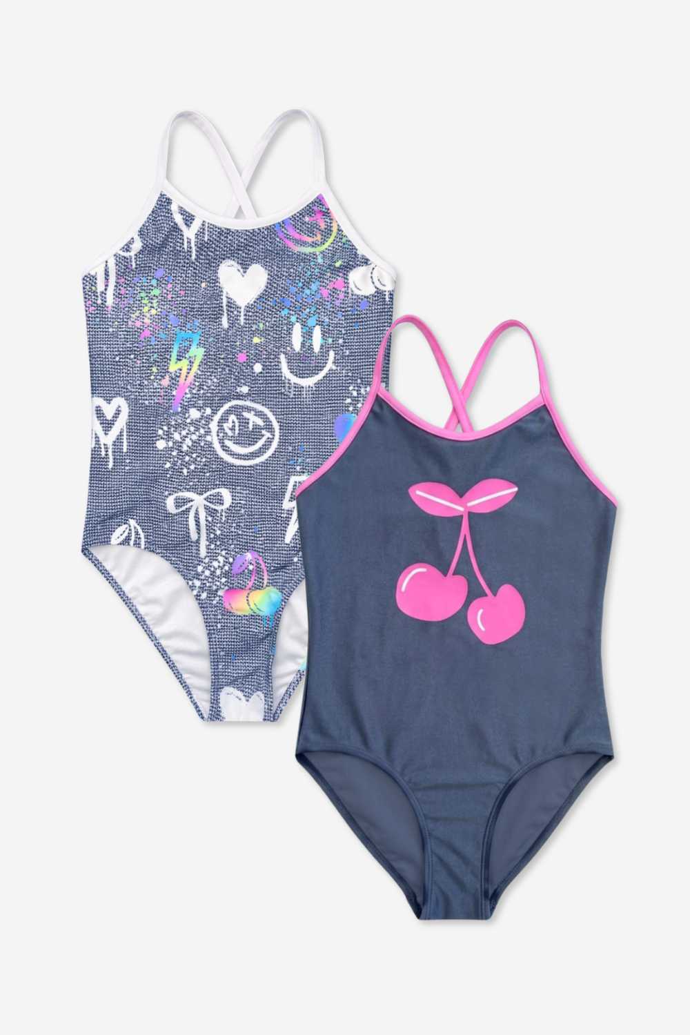 2 Pack - Strappy One Piece Swimsuit - Navy Pink Bow | Lilac Navy Ditsy Floral