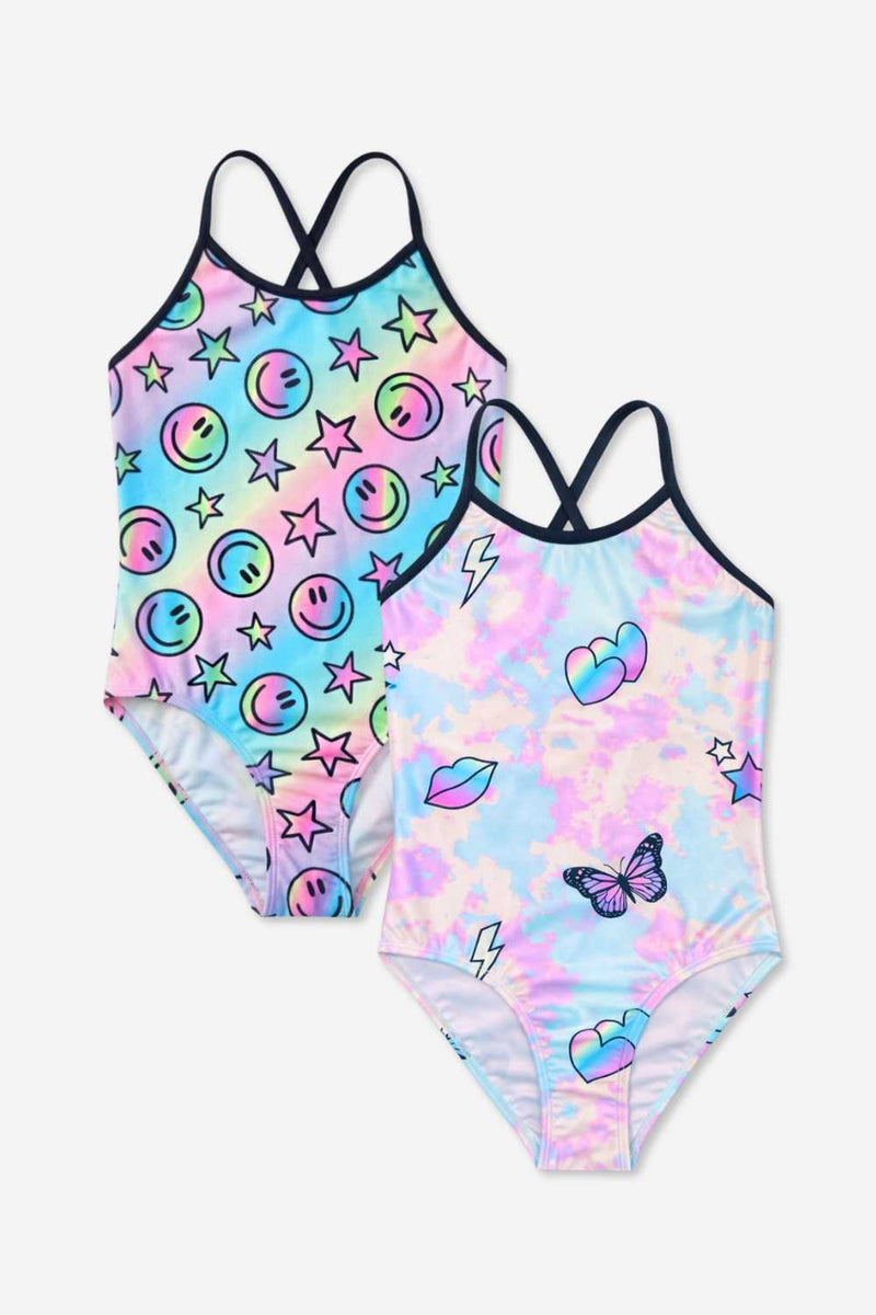 2 Pack - Strappy One Piece Swimsuit - Pastel Rainbow Tie Dye Emoji | Rainbow Smile & Stars