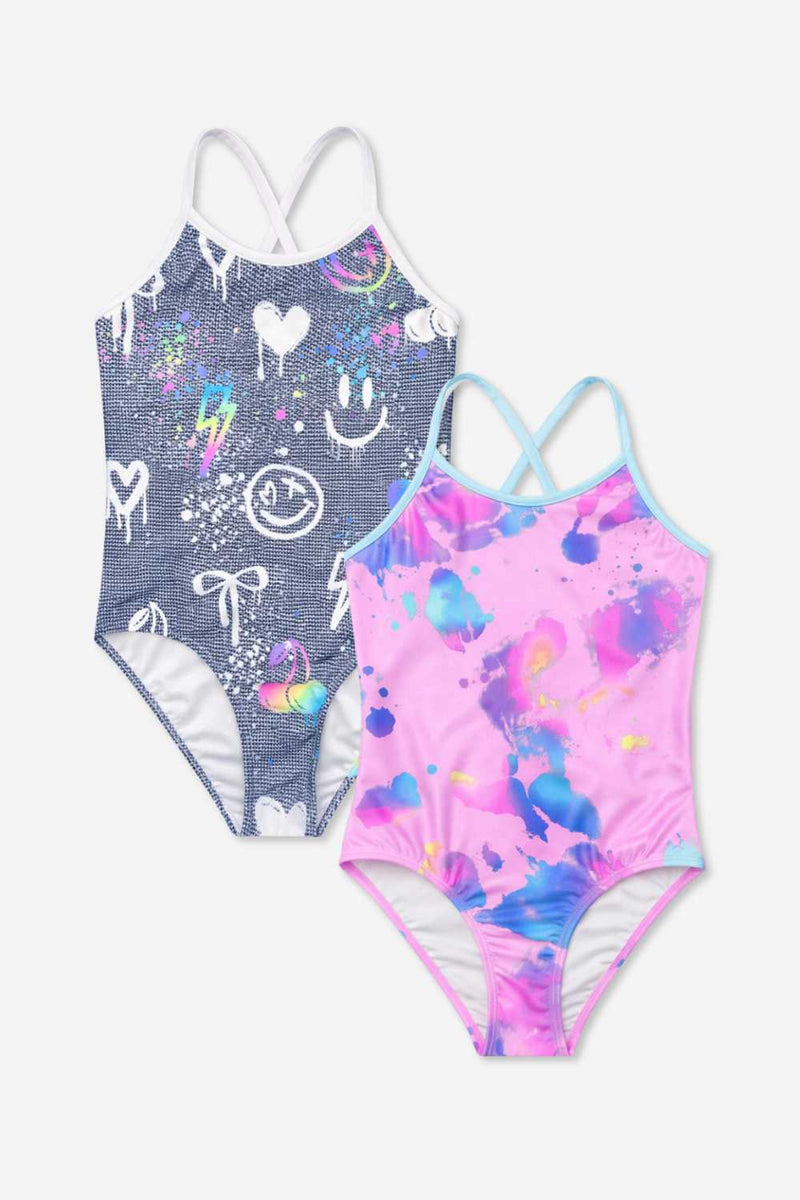 2 Pack - Strappy One Piece Swimsuit - Vintage Denim Graffiti  Elements | Pink Bleach Tie Dye - NEW!