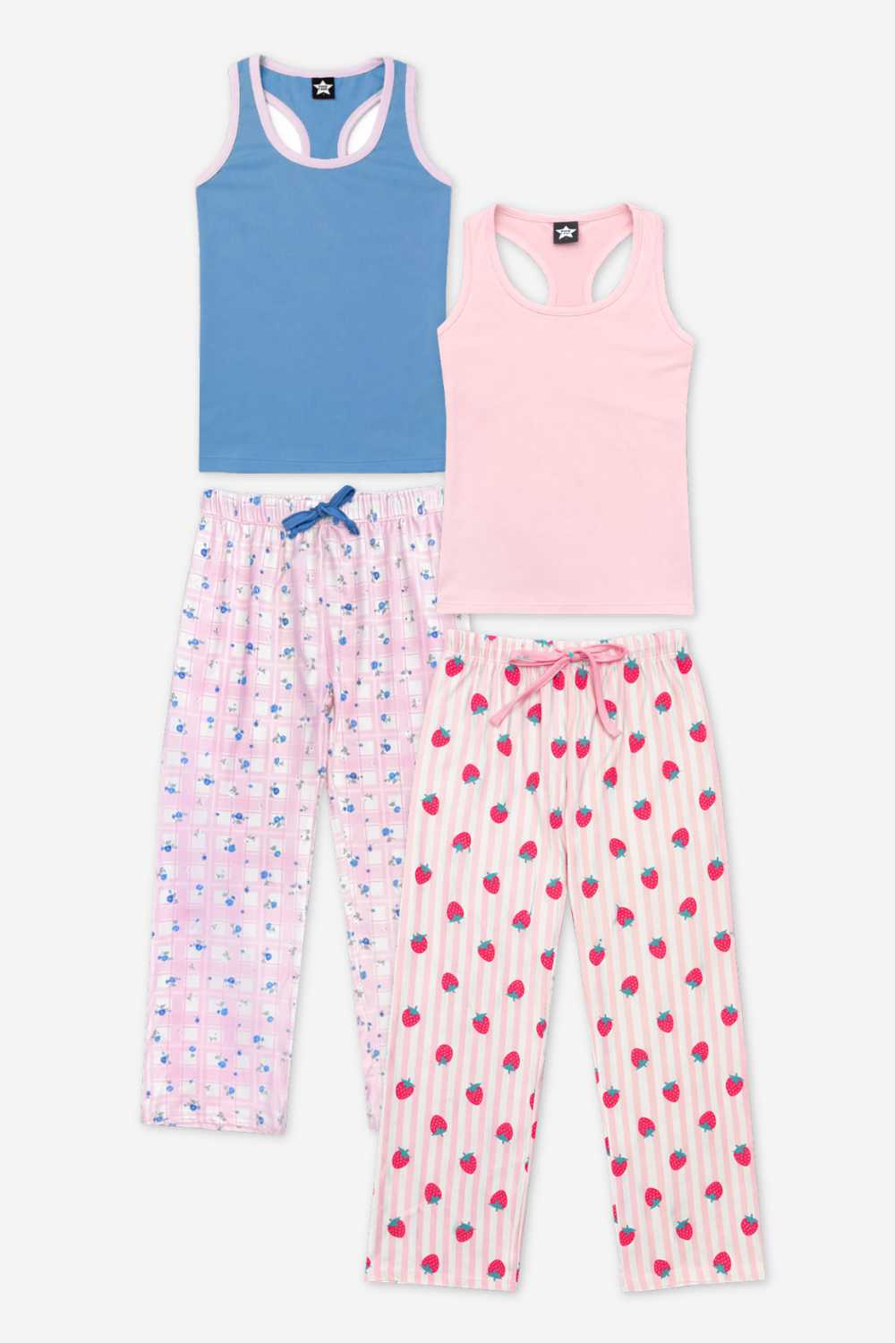 2 Pack - Simply Soft Racer Tank & Karate Pant Set - Pink Ivory Striped Strawberry | Pink Lt Blue Plaid Floral