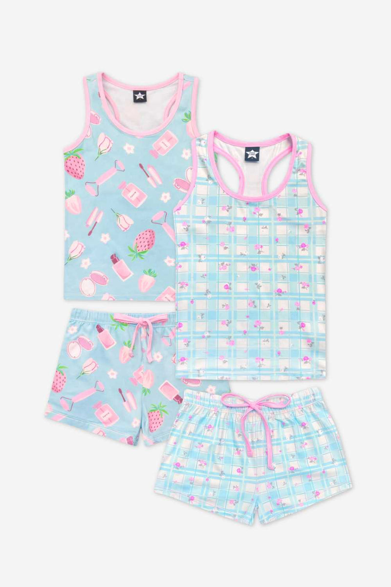 2 Pack Simply Soft Racerback Tank & Dolphin Short - Lt Blue Plaid Floral | Sage Pink Makeup - NEW!