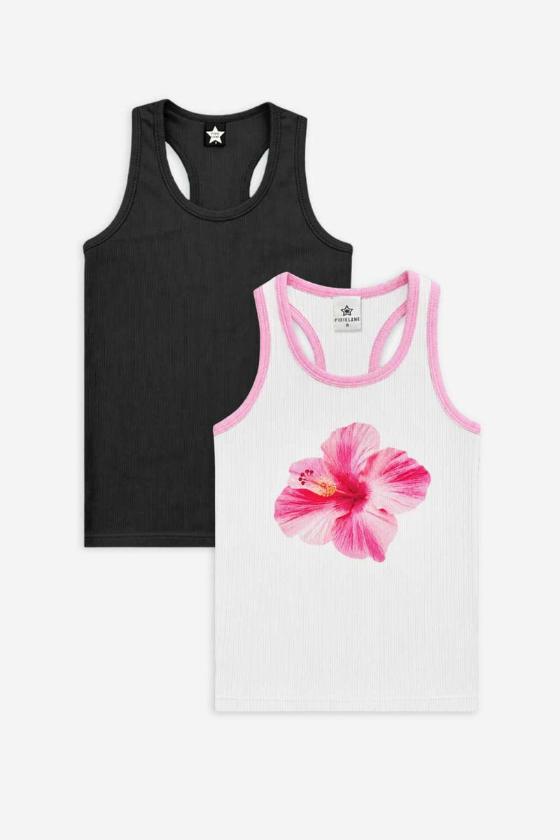 2 Pack - Ribbed Racerback Tank - Black | White Hibiscus Floral - NEW!