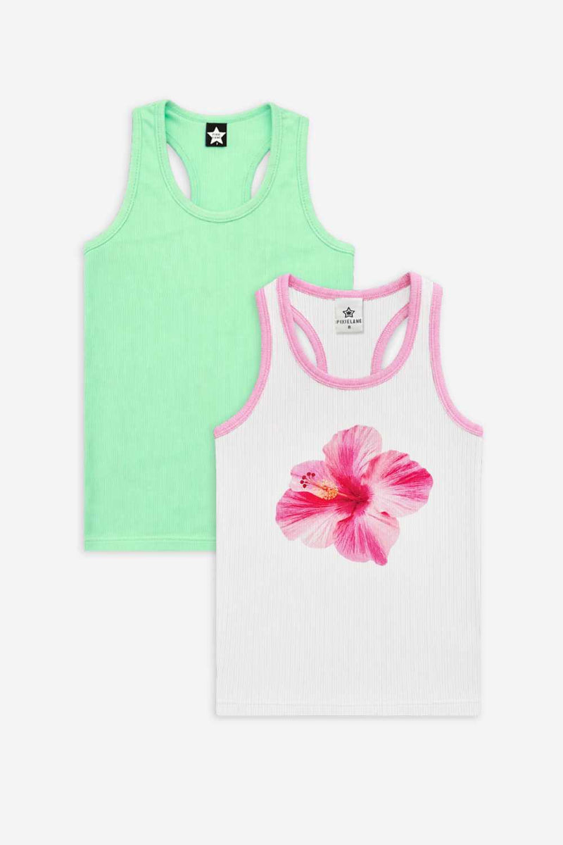 2 Pack - Ribbed Racerback Tank - Neon Lime | White Hibiscus Floral - NEW!
