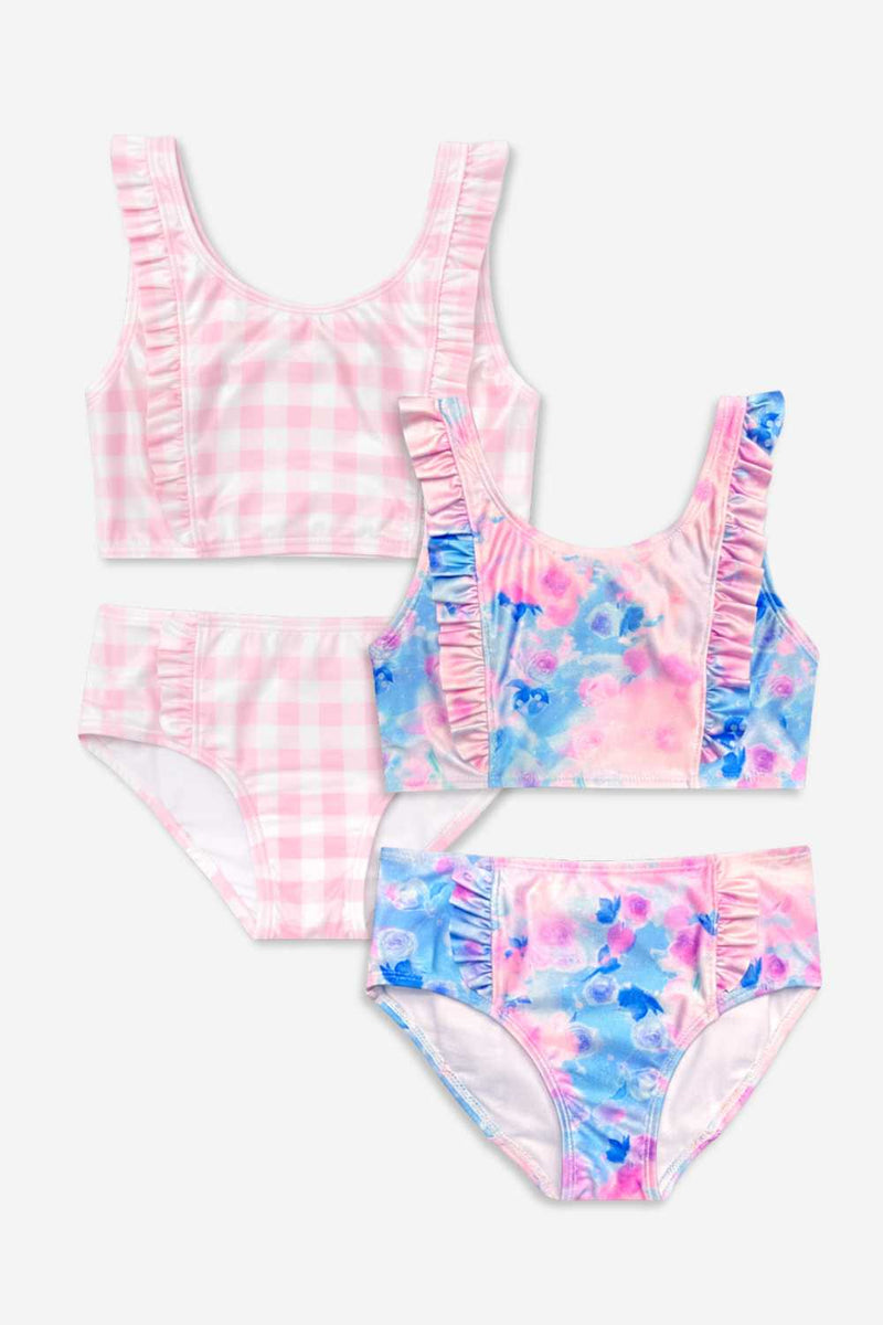 2 Pack Ruffle Two Piece Swimsuit - Pink Blue Watercolor Rose | Lt Pink Gingham - NEW!