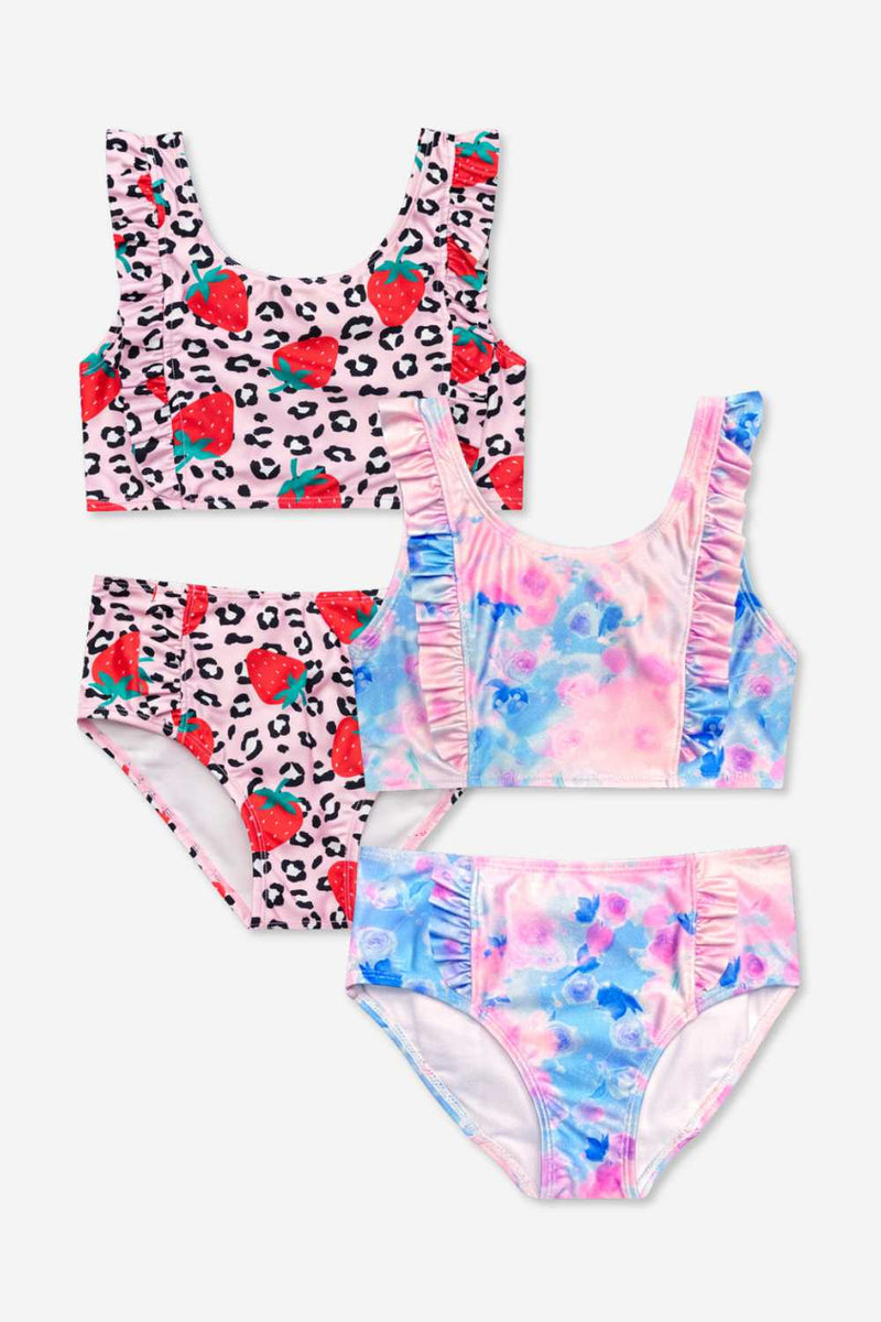 2 Pack Ruffle Two Piece Swimsuit - Strawberry Leopard | Pink Blue Watercolor Rose