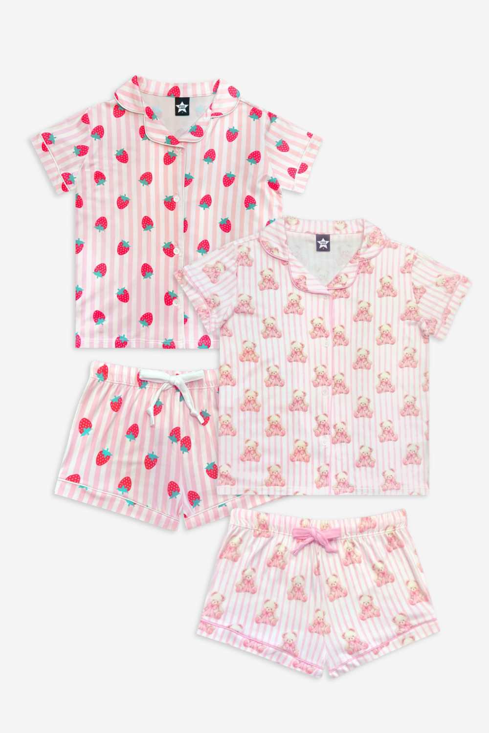 2 Pack - Short Sleeve Simply Soft Button Down Top & Short - Pink Ivory Striped Strawberry | Sage Pink Makeup