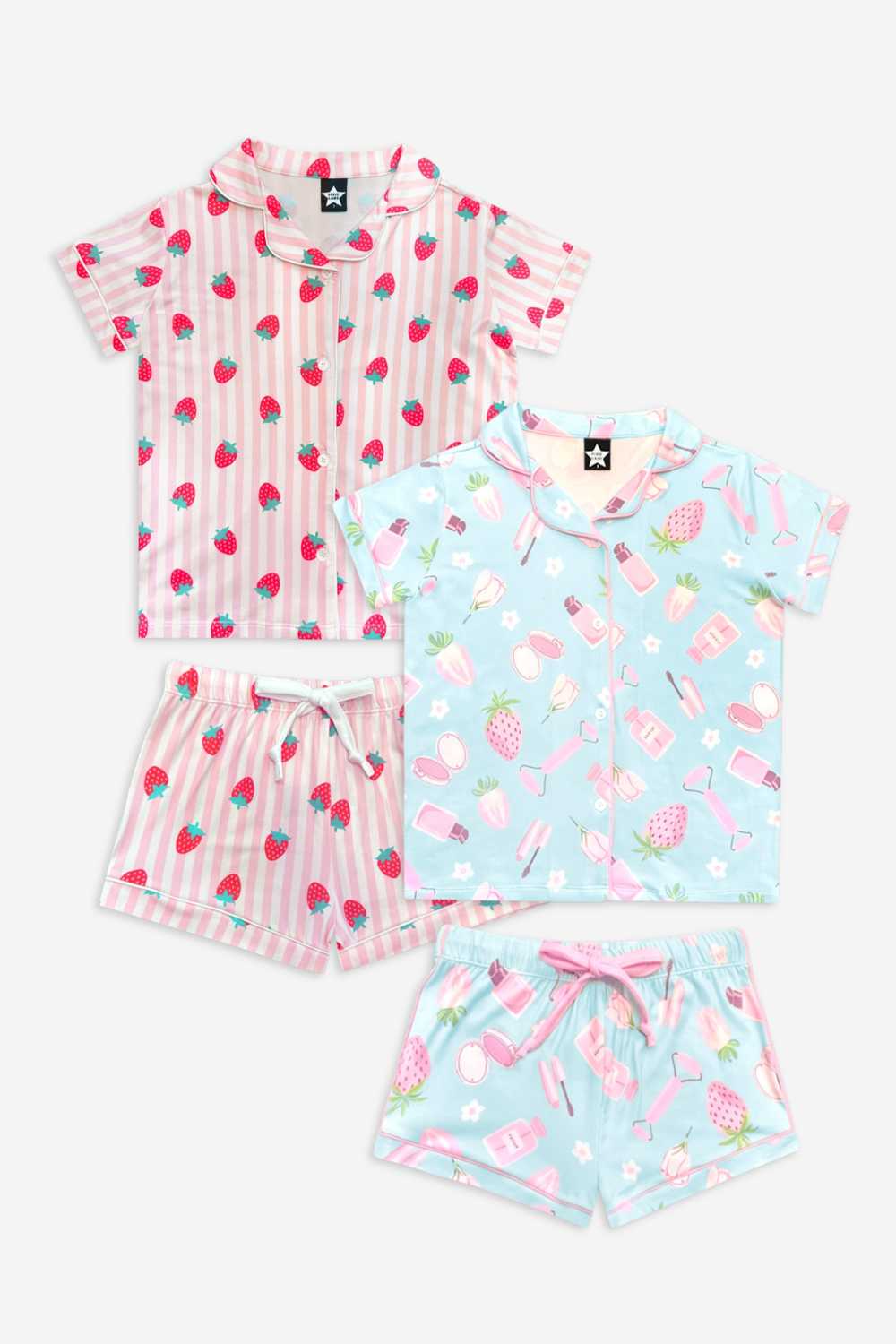 2 Pack - Short Sleeve Simply Soft Button Down Top & Short - Pink Ivory Striped Strawberry | Sage Pink Makeup