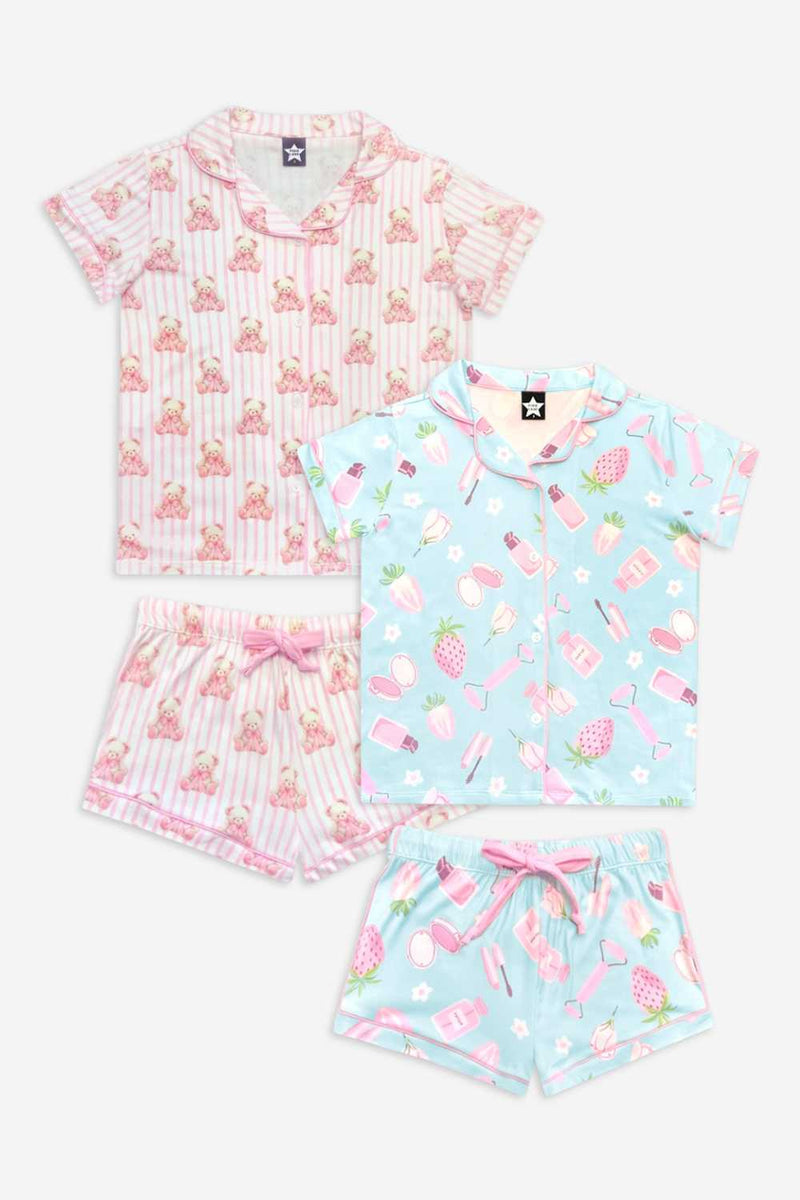 2 Pack - Short Sleeve Simply Soft Button Down Top & Short - Sage Pink Makeup | Ivory Pink Stripe Bear Bow - NEW!