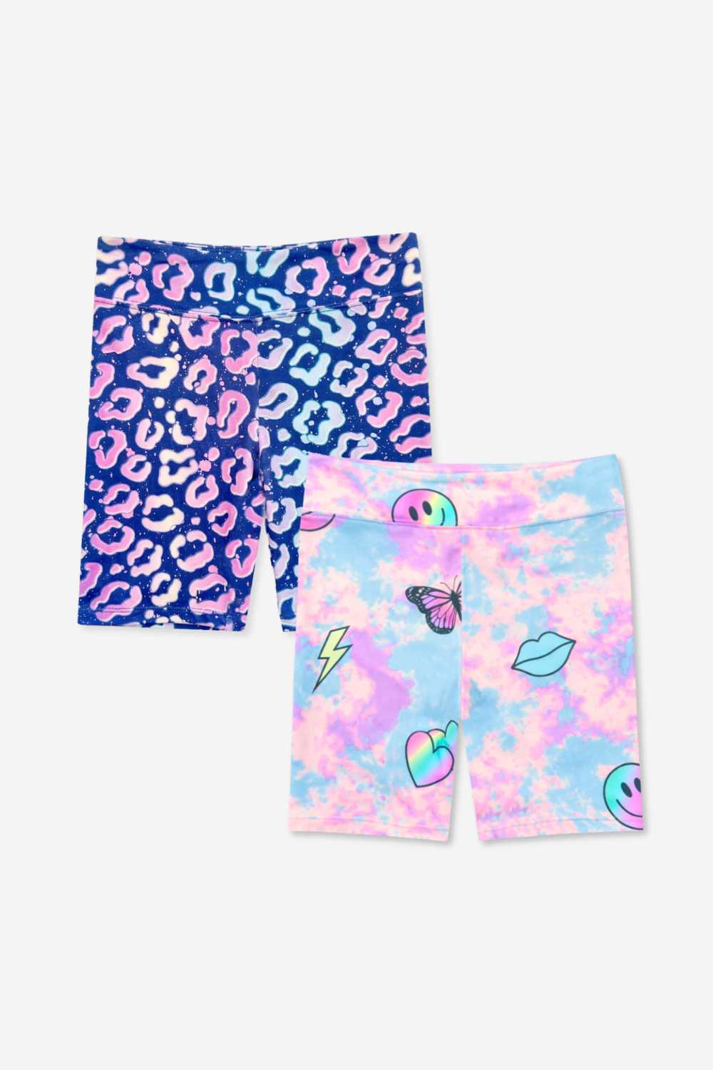 2 Pack Simply Soft Biker Short - Pastel Rainbow Tie Dye Emoji | Denim Leopard Splatter