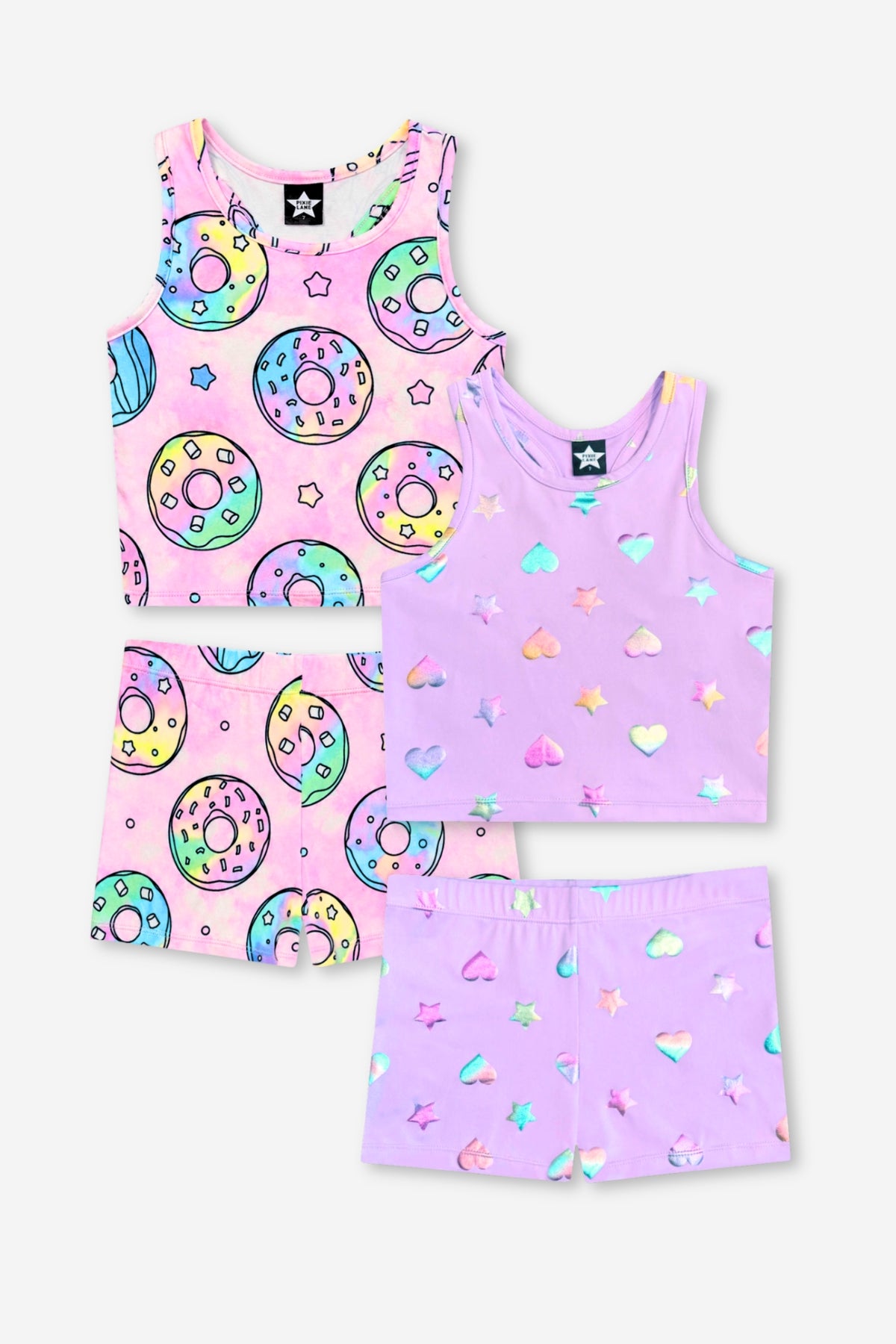 2 Pack Simply Soft Cropped Racerback Tank & Tumble Short - Tie Dye Rainbow Donuts | Lilac Rainbow Foil Hearts & Stars - NEW!