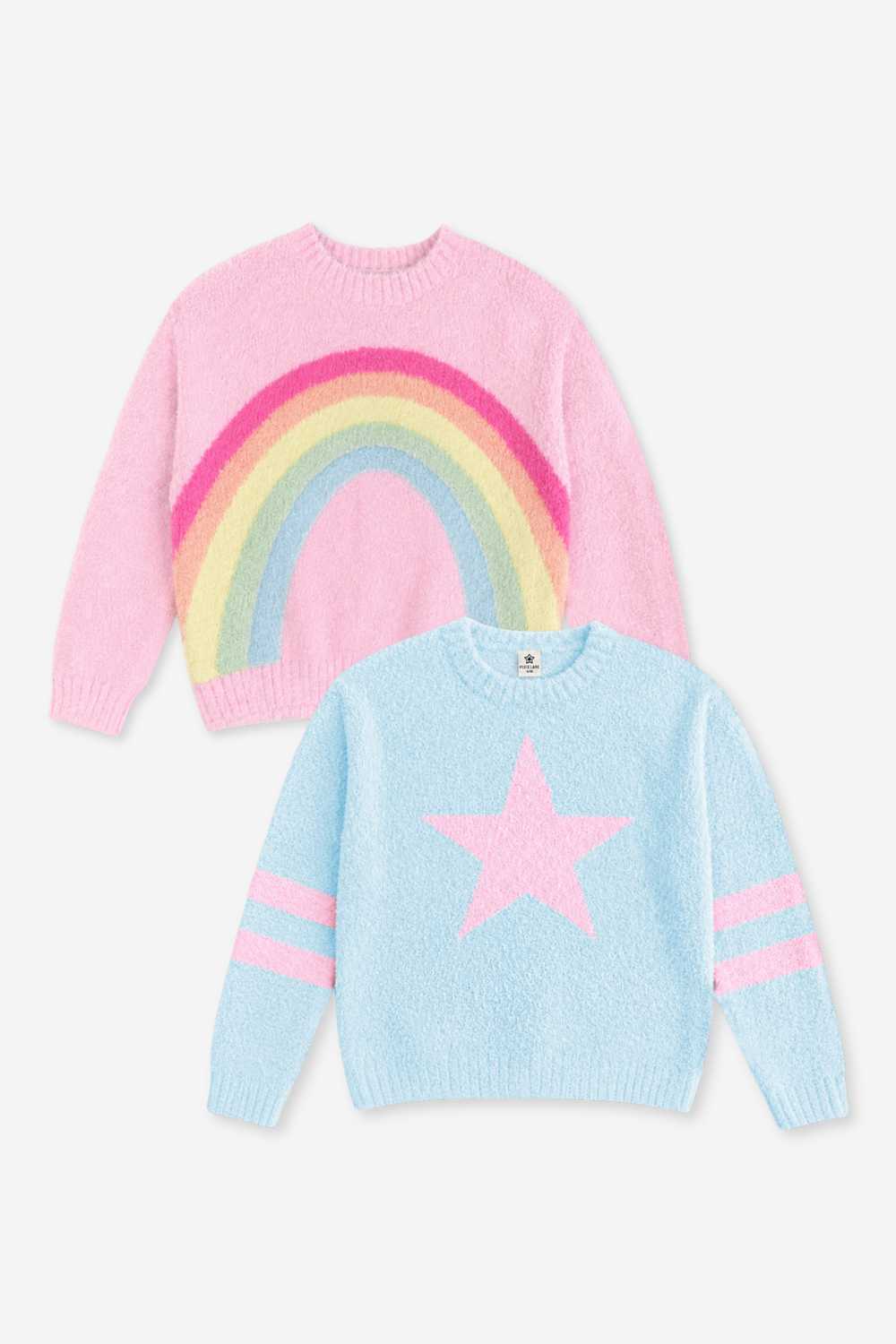 2 Pack Cloud Plush Crew Neck Sweater - Pink Rainbow | Dusty Blue Pink Star - NEW!