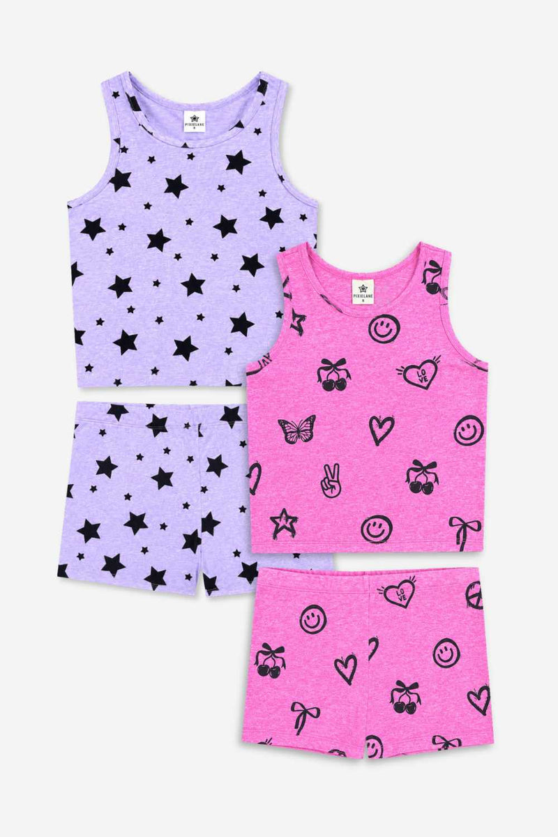 2-Pack Simply Soft Luxe Cropped Racerback Tank & Tumble Short - Lilac Black Star | Neon Pink Graffiti Emojis - NEW!
