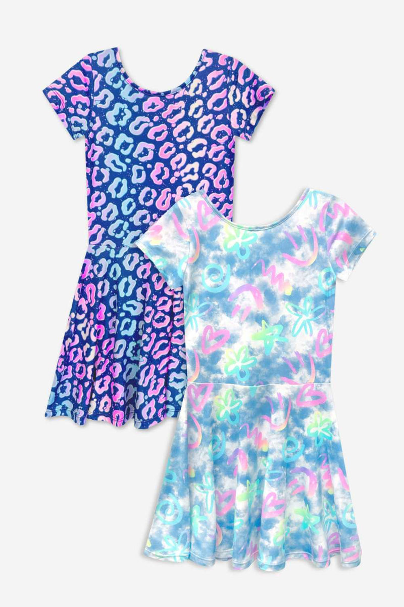 2-Pack Simply Soft Short Sleeve Skater Dress - Denim Rainbow Graffiti | Denim Leopard Splatter - NEW!