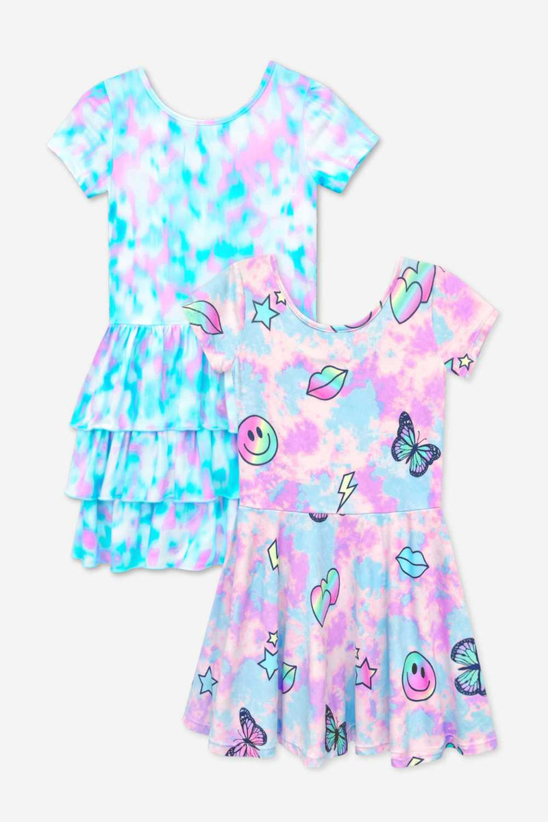 2-Pack Simply Soft Short Sleeve Dress - Pastel Rainbow Tie Dye Emoji | Lt Blue Neon Pink - NEW!