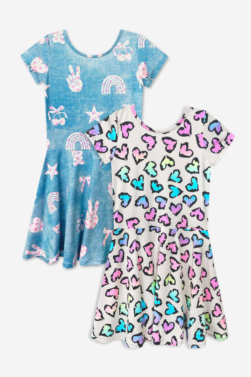 2 Pack SS Skater Dress - Denim Ivory Floral | Rainbow Leopard Heart - NEW!