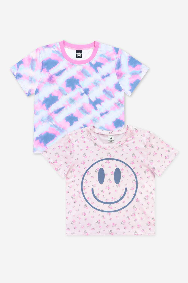 2 Pack Simply Soft Easy Tee - Pink Floral Smile | Ice Blue Pink Denim Tie Dye - NEW!