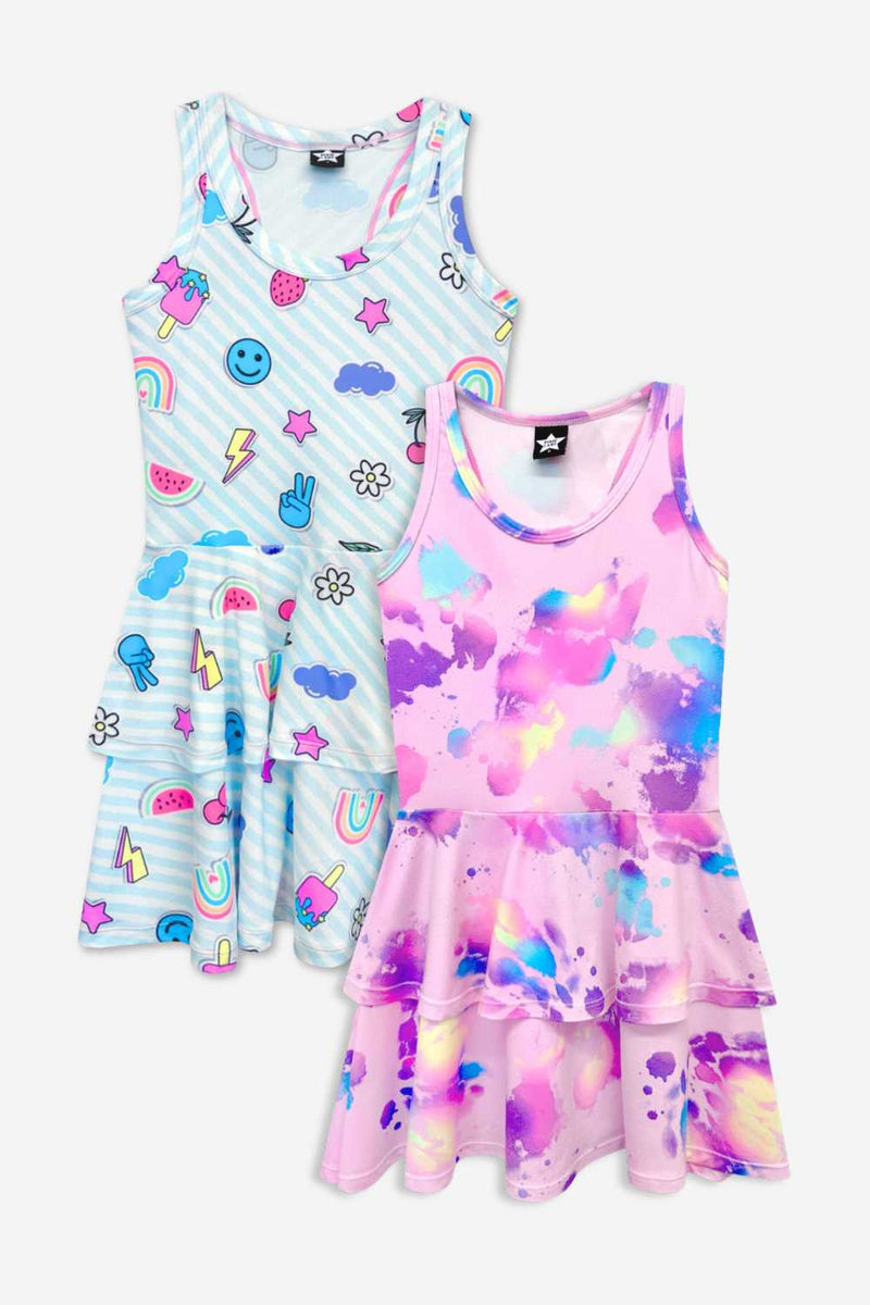 2 Pack Simply Soft Racerback Ruffle Skirt Dress - Pink Bleach Tie Dye | Blue White Emojis Stickers - NEW!