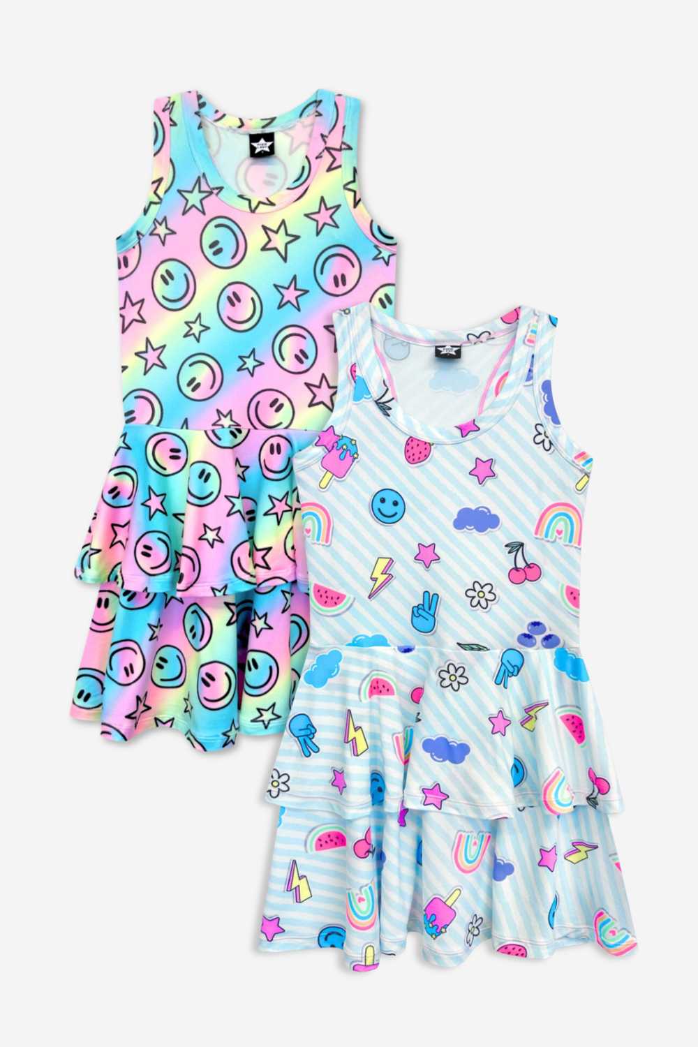 2 Pack Simply Soft Racerback Ruffle Skirt Dress - Pink Bleach Tie Dye | Blue White Emojis Stickers