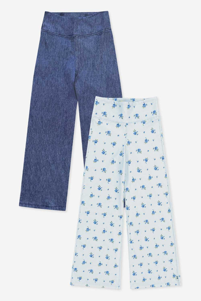 2 Pack Super Stretch Soft Denim Wide Leg Jegging - Light Blue Denim Floral | Vintage Indigo - NEW!