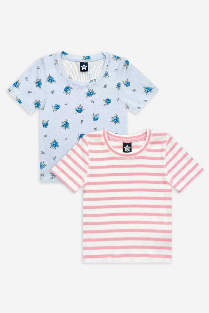2 Pack Ultra-Soft Ribbed Fitted Tee - Ivory Pink Stripe | Light Blue Ivory Ditsy Floral