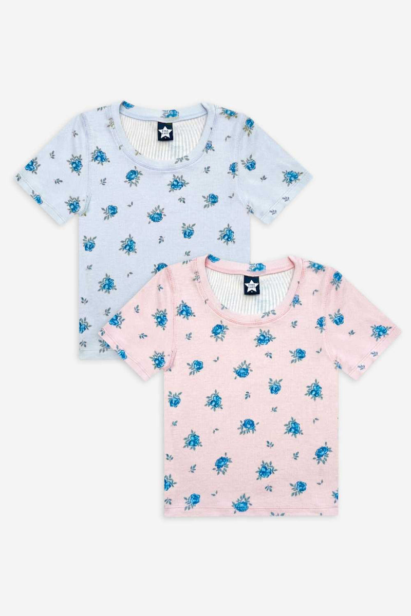 2 Pack Ultra-Soft Ribbed Fitted Tee - Light Blue Ivory Ditsy Floral | Light Pink Ditsy Floral - NEW!