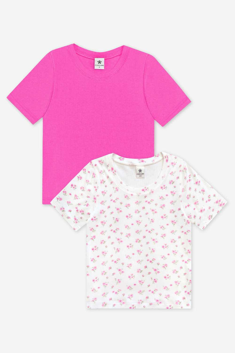 2 Pack Ultra-Soft Ribbed Fitted Tee - Oatmeal Pink Floral | Hot Pink - NEW!
