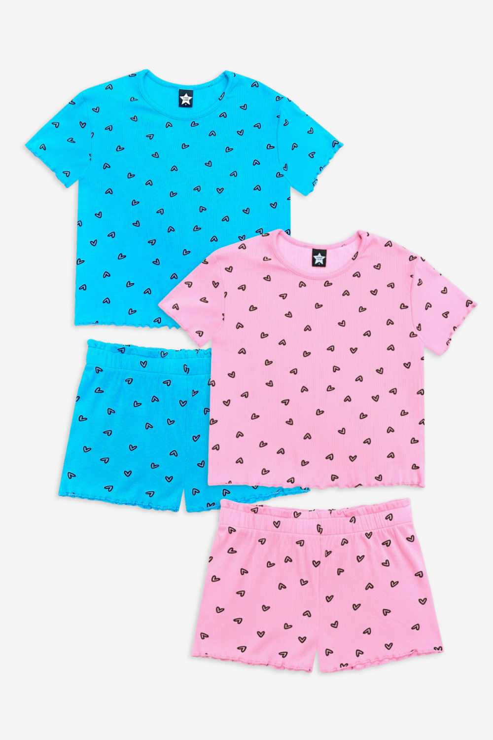 2 Pack Ultra Soft Ribbed Lettuce Hem Easy Tee & Short Set - Neon Pink Heart | Neon Blue Heart