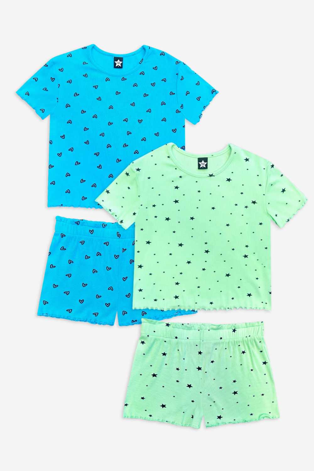 2 Pack Ultra Soft Ribbed Lettuce Hem Easy Tee & Short Set - Neon Pink Heart | Neon Blue Heart