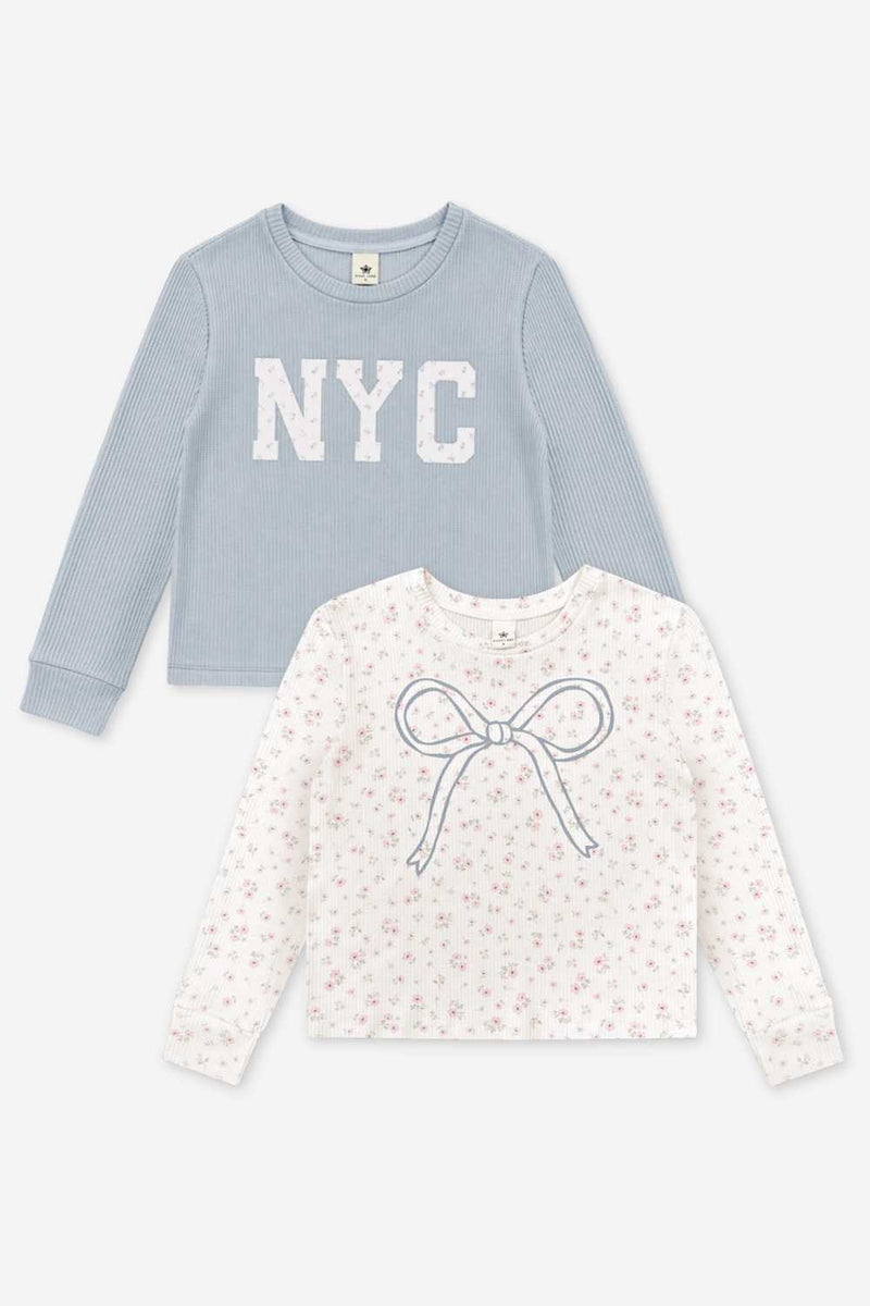 2-Pack Waffle Long Sleeve Easy Tee - Ivory Floral Bow | Blue Floral NYC - NEW!