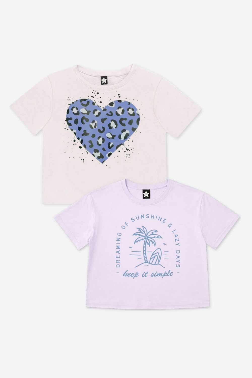 2-Pack Washed Cotton Drop Shoulder Tee - Cream Denim Leopard Heart | Light Blue Vintage Daisy