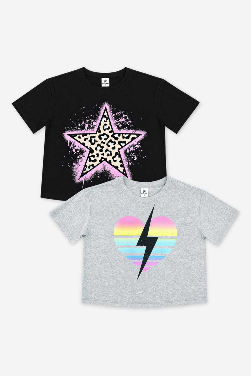 2-Pack Washed Cotton Drop Shoulder Tee - Black Leopard Star | H.Grey Rainbow Heart Bolt - NEW!