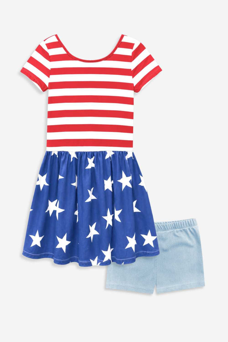 2 Pack Simply Soft Be Happy Dress & Super Stretch Denim Tumble Short - Americana Twirl & Play - NEW!