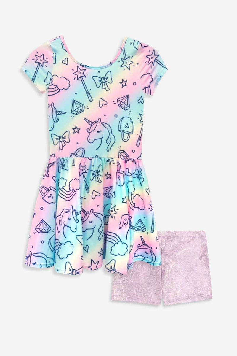2 Pack Simply Soft Be Happy Dress & High Shine Tumble Short - Unicorn Glitter Party - NEW!
