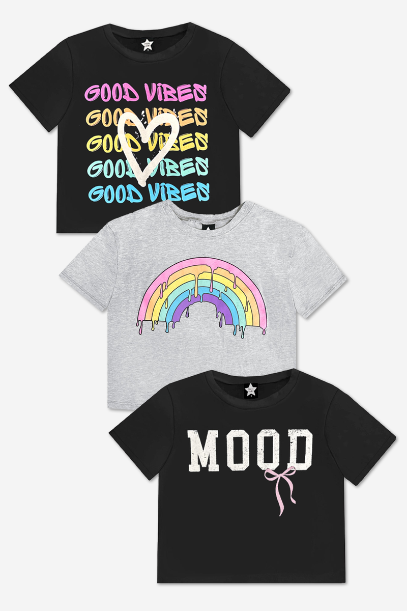 3-Pack Washed Cotton Drop Shoulder Tee - Black Good Vibes | Grey Rainbow | Black Mood - NEW! - Image 1