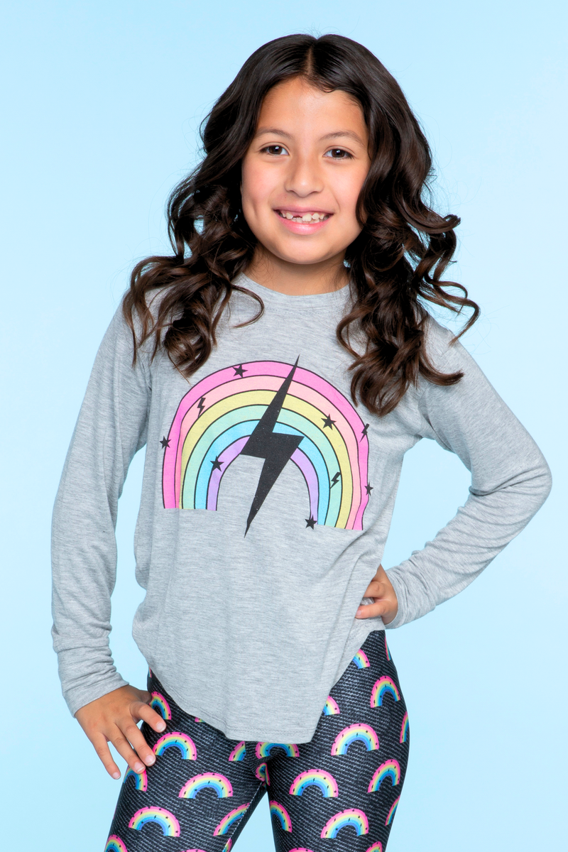 Modal Long Sleeve Shirttail Top - Heather Grey Rainbow Bolt