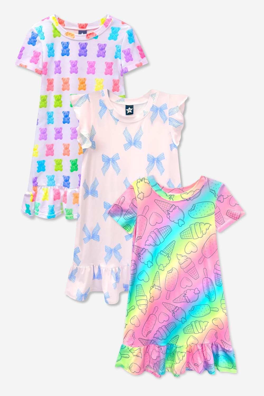 3-Pack Simply Soft Short Sleeve Ruffle Lounge Dress - Lilac Rainbow Gummy Bear | Pastel Rainbow Treats | Blue Rainbow Ice Cream - NEW!