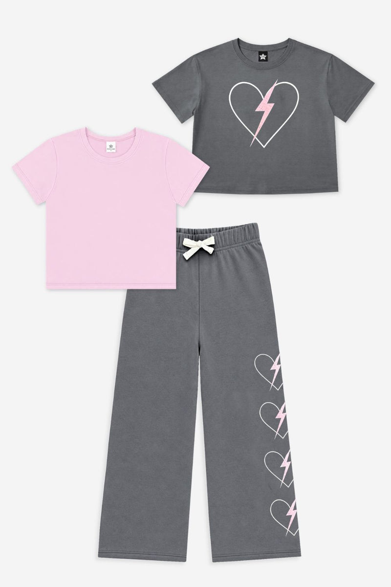3 Pack Easy Tees & French Terry Wide Leg - Charcoal Heart Bolt | Dusty Pink - NEW!