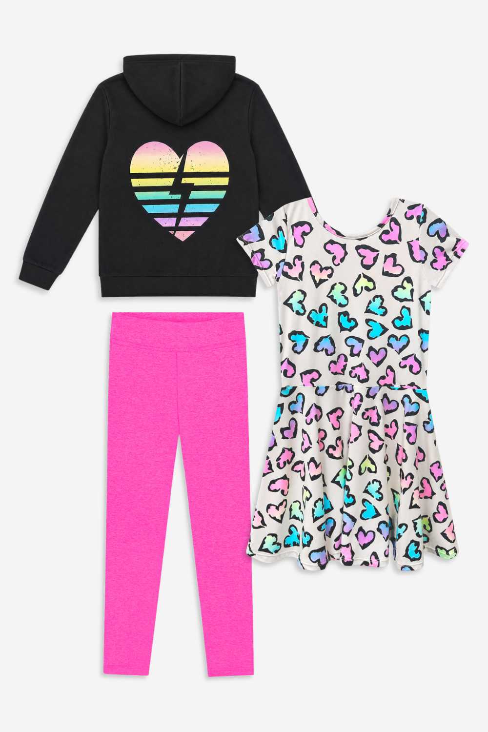3 Pack Retro Rainbow & Leopard Heart Dress, Hoodie & Leggings