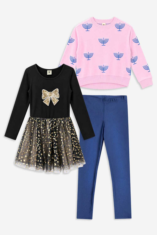 3 Pack Yummy Soft Sweater, Long Sleeve Ballet Be Happy Tulle Dress & High Shine Legging
