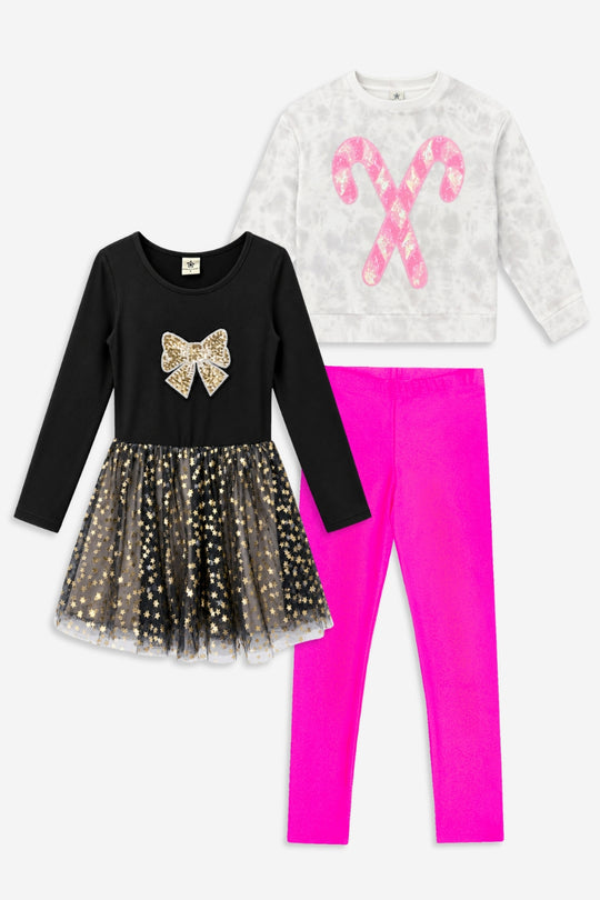 3 Pack Cloud Soft French Terry Sequin Sweatshirt, Simply Soft Long Sleeve Sequin Be Happy Dress & High Shine Legging