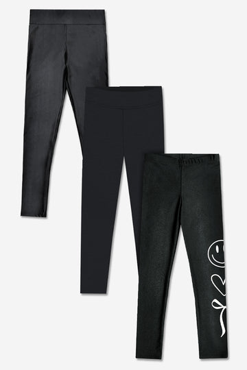 3-Pack Essential Black Leggings Combo - Black | Liquid Black | Black White Smile - NEW!