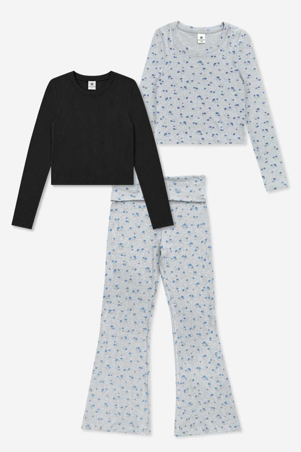 3 Pack Foldover Rib Flare Legging - Heather Grey Navy Floral | Black - NEW!